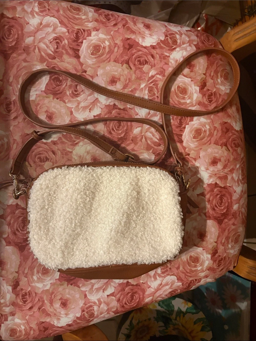 Women's Cream Sherpa Crossbody Bag with Tan Leather Trim